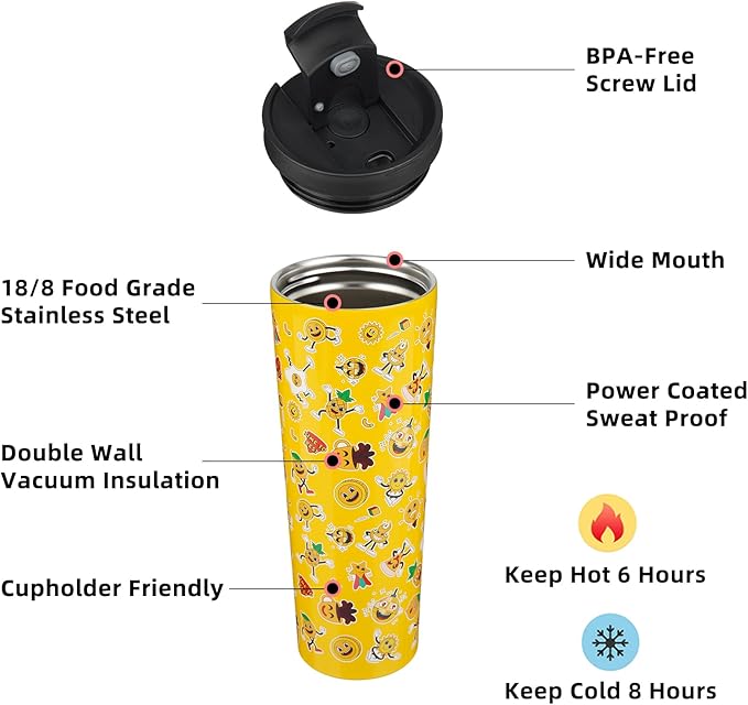 BJPKPK 30oz Insulated Tumbler With lid And Straw Stainless Steel Tumblers Travel Coffee Mug Reusable Thermal Cup,Hawaii Fruits Yellow