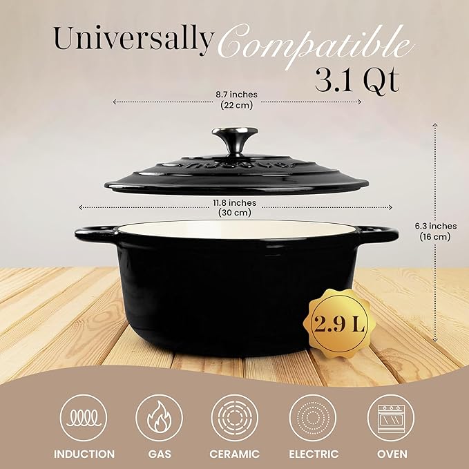 Cast Iron Dutch Oven with Lid – Non-Stick Ovenproof Enamelled Casserole Pot – Sturdy Dutch Oven Cookware – Black, 3.1-Quart, 22cm – by Nuovva