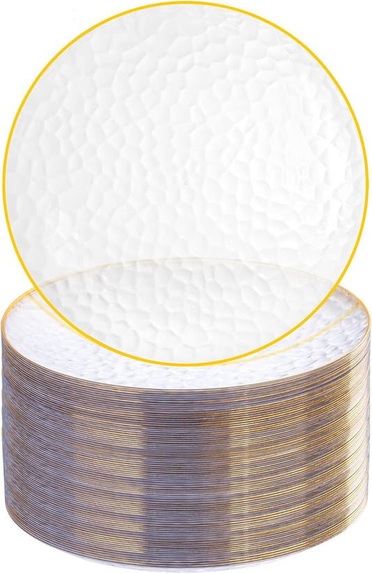 Rubtlamp 100 Pcs Clear Gold Plastic Plates, Hammered Party Plates, Clear Disposable Dessert Plates,Clear Gold Plates 7 Inch, Gold Plastic Dessert Plates Disposable For All Occasions