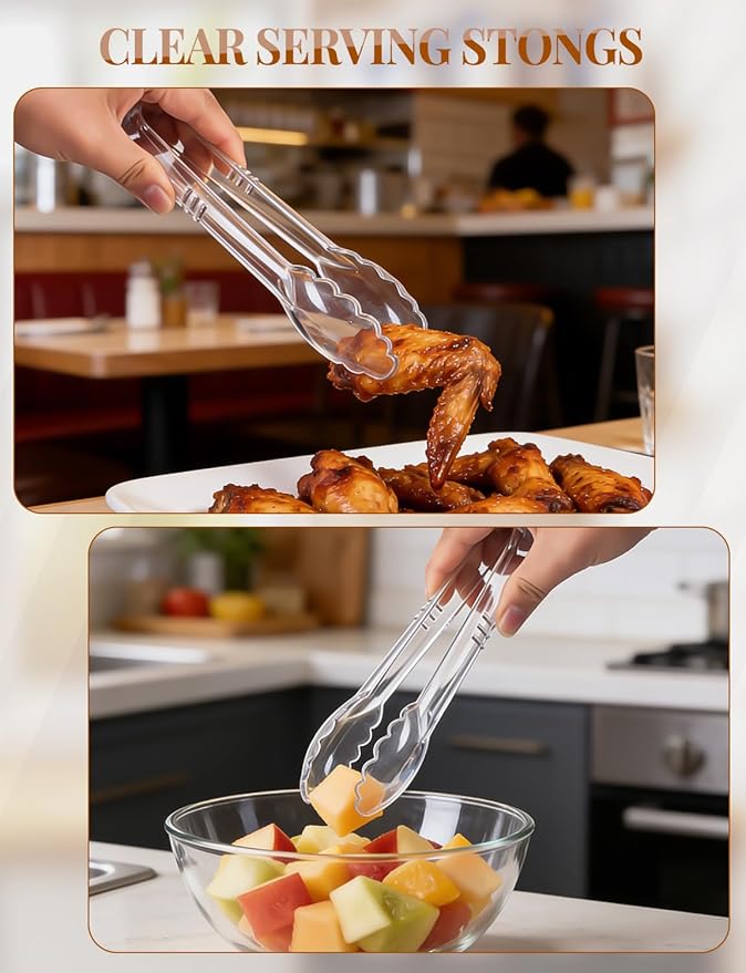 Plastic Serving Utensils, Clear Serving Spoons Set Including 4 Disposable Plastic Tongs 8 Spoons and 8 Forks Supplies for Catering, Entertaining and Parties