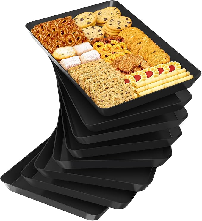 8-Pack Serving Tray Set, Reusable Plastic Serving Platter for Party Supplies, Entertaining, Grilling Accessories, Stackable Kitchen Snack Container for Dessert, Fruit, Cookie, (Black)