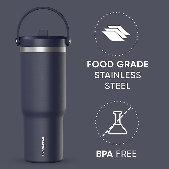 Hydrapeak Nomad 32 oz Tumbler with Handle and Straw Lid, Leakproof, Double Insulated, 32oz Cup, Stainless Steel | Navy