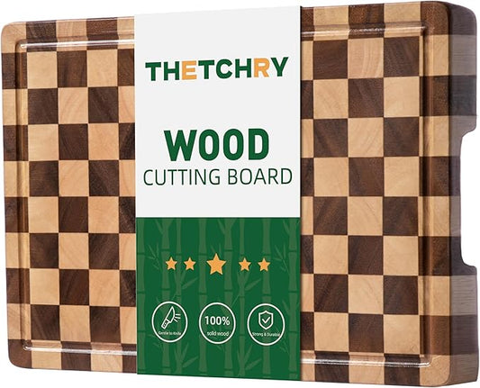 End Grain Cutting Boards for Kitchen, Wooden Cutting board, Acacia Wood Chopping Board with Juice Groove & Handle, Butcher Block for Meat, Bread & Fruit, 14"L x 11"W x 0.8"Th