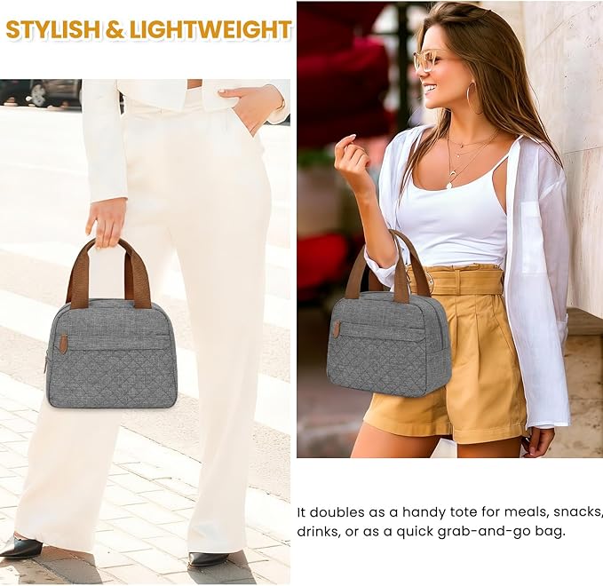 Insulated Lunch Bag for Women, Portable Lightweight Lunch Box for Adults, Reusable Lunch Tote Cooler Bags with Front Zipper Pocket for Work School Picnic(Gray, Large)