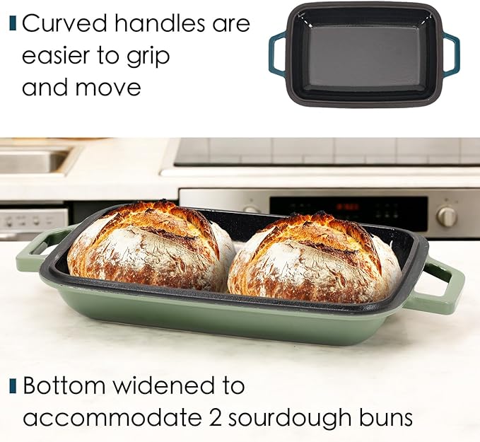 Oval Cast Iron Dutch Oven for Bread Baking 12x8 Inch Enameled Bread Pan with Lid 6QT Cast Iron Bread Dutch Oven for Sourdough，Green