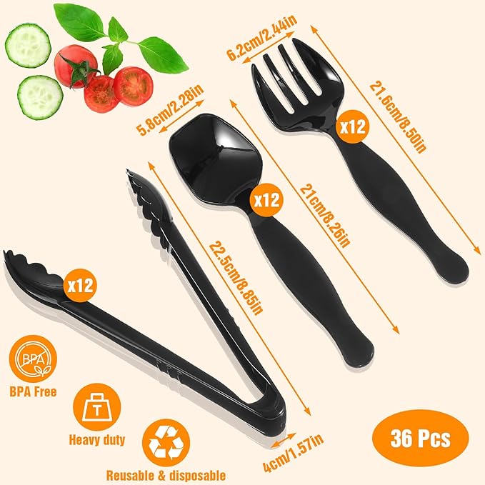 36Pcs plastic serving utensils serving utensil Set Servings Utensils Disposable Black Include 6.3"Plastic Servings 9.75"Servings Spoons 9.75"Servings Forks for 12 sets for Dinner Parties