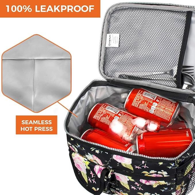 opux Lunch Bag Women Insulated, Adult Lunch Box Cooler, Flower Lunch Box, Dual Compartment Lunchbox for Work, Leakproof Double Decker Lunch Bag, Soft Lunch Pail Tote Girls Kids School, Floral Black