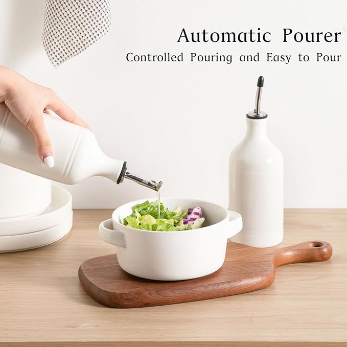 Sweejar Ceramic Olive Oil Dispenser Bottle Set, Opaque Oil Cruet Protects to Reduce Oxidation, Suitable For Storage Of Vinegar, Soy Sauce & Other Liquids,Pack of 2,15.5 Fl Oz（White）