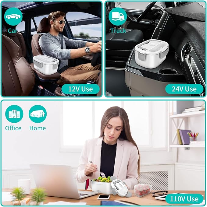 Electric Lunch Box, Food Warmer Heater 12V 24V 110V, 80W Faster Heated Lunch Box for Car/Truck/Home Portable Heating Boxes with 1.5L 304 SS Container Fork & Spoon, White+Gray