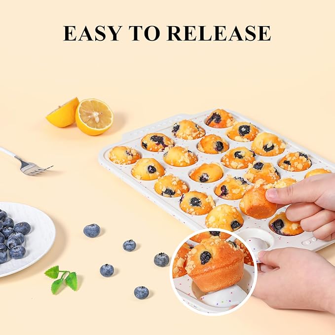 Vinino Silicone Mini Muffin Pan for Baking, 24 Cups Mini Cupcake Pan with Reinforced Frame, Nonstick Muffin Tray with Non-Slip Handle, Silicone Molds for Oven, BPA Free, Dishwasher Safe