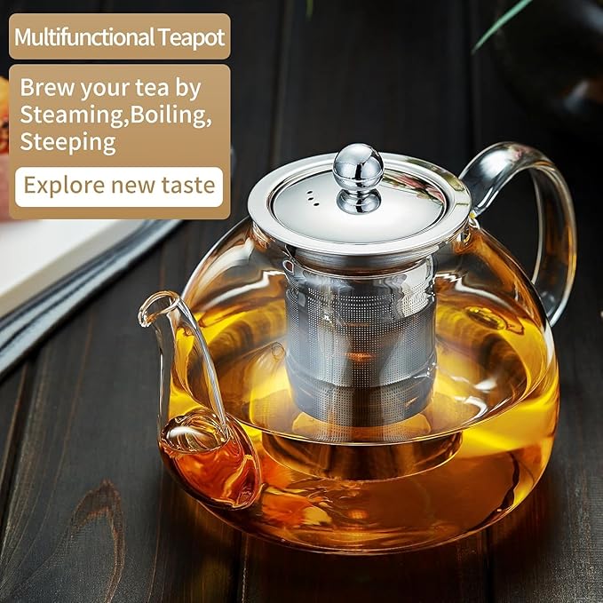 41OZ (1200ML) Glass Teapot with Infuser Stovetop Safe, Clear Glass Tea Pot Kettle, Borosilicate Tea Pot with Infusers Filter for Loose Tea, Tea Kettle Dishwasher Safe