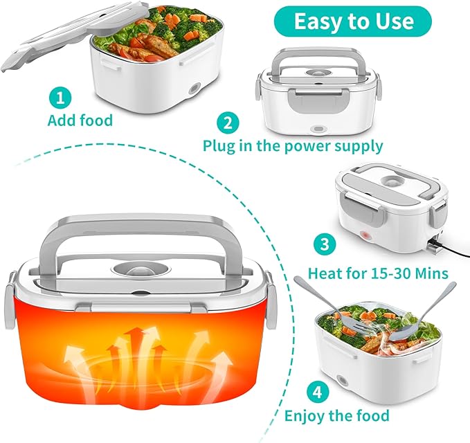 Electric Lunch Box, Food Warmer Heater 12V 24V 110V, 80W Faster Heated Lunch Box for Car/Truck/Home Portable Heating Boxes with 1.5L 304 SS Container Fork & Spoon, White+Gray