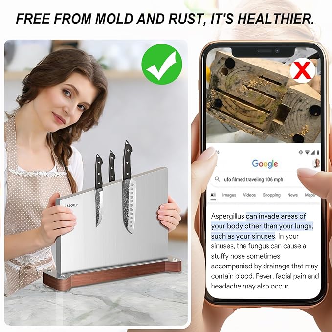 Large Magnetic Knife Block Holder Without Knives for Kitchen Counter, Stainless Steel Material Magnetic Knife Storage Stand Rack with Strong Double Sided Magnet and Wood Base - 16.15 x 11 Inches