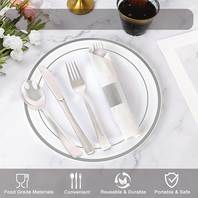 60 Pack Pre Rolled Silver Plastic Silverware Set,Wrapped Plastic Cutlery Set with Napkin Include 60 Forks,60 Spoons,60 Knives and 60 White Napkins for Party, Wedding,Birthday,Christmas