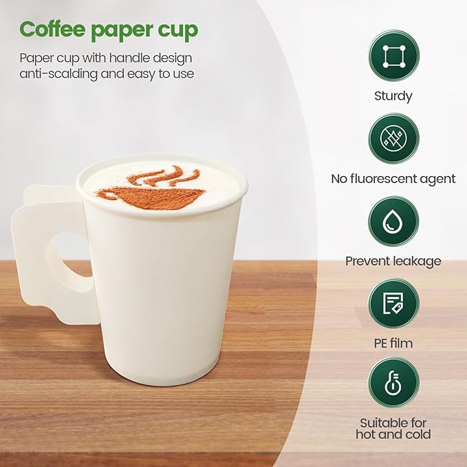 Disposable Tea Cups for Tea Party,8 Oz Paper Coffee Cups with Handles,Disposable Paper Cups for Hotel Motel Room Home Cafes Bistros Parties(50 Pcs)