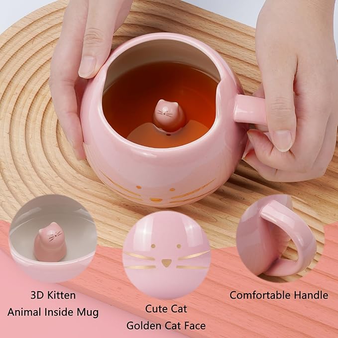 Koolkatkoo Cat Mug Cute Ceramic Coffee Mugs Hidden 3D Animal Inside Cup Novelty Tea Cup for Women Girl Gifts for Cat Lovers Holiday Mothers Day Christmas Birthday Gifts 12 oz Pink