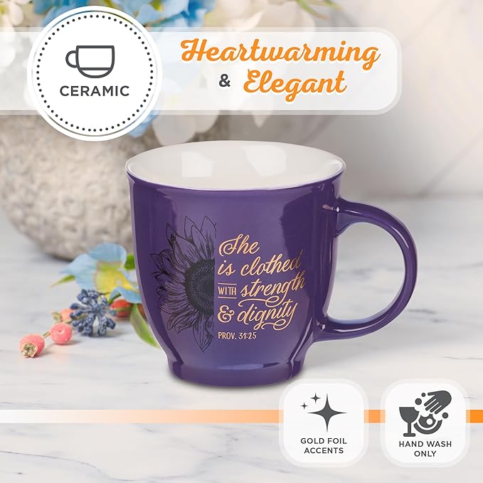 Christian Art Gifts Purple Sunflower Ceramic Coffee Mug – 14 oz. Lead and Cadmium-free Inspirational Scripture Coffee and Tea Mug for Women with Bible Verse: Strength & Dignity – Proverbs 31:25