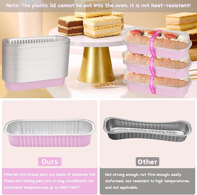 100 Pack Mini Loaf Pans Mini Cake Pans with Lids and Spoons Sealing Sticker, 6.8oz Rectangle Aluminum Foil Baking Pans Disposable Loaf Cake Pan for Baking (Pink)