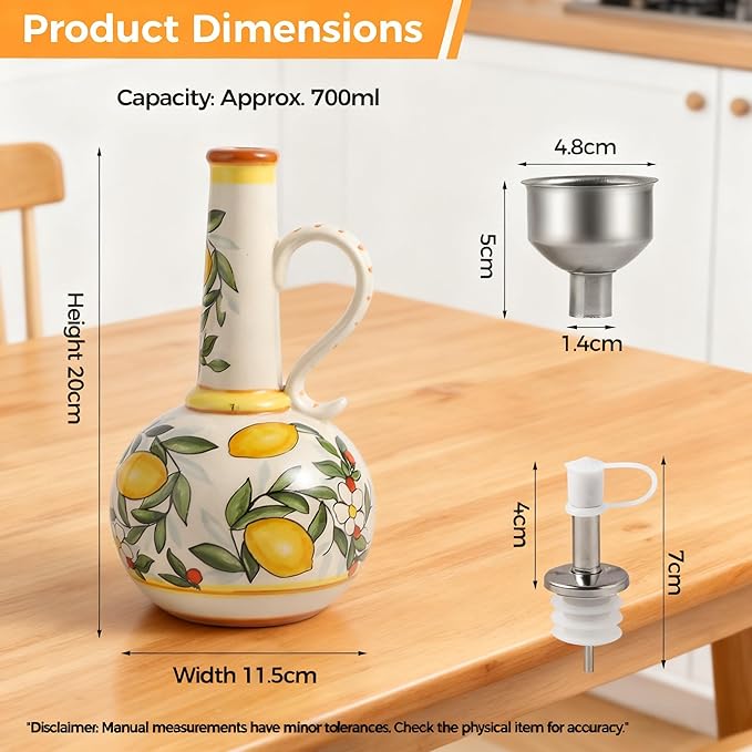Ceramic Olive Oil Dispenser Bottle 23oz, Hand Painted Olive Oil Bottles, Decorative Stoneware Olive Oil Cruet for Kitchen with Stainless Steel Spout for Oils, Sauces, Vinegar (Llemon)