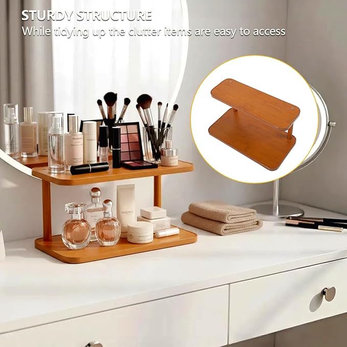 2 Tier Countertop Shelf for Coffee Mugs & Kitchen Counter Organization - Multi-Purpose Tiered Wooden Stand for Cupcakes, Spices, Makeup, Rustic Tabletop Decor