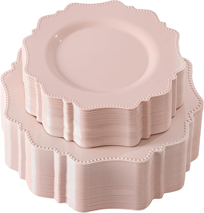 COLOSUS 100 pcs Pink Plastic Plates Set, Nice Disposable Plates,Pink Disposable plates Set for 50 Guest include 50 Dinner Plate 10.5 &50Dessert plates 8.25 for Party,Wedding, Birthday,Easter Day