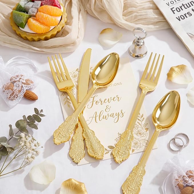 Supernal 360pcs Gold Plastic Silverware,Disposable Silvereware Heavy Duty, Gold Plastic Cutlery, 120 Plastic Forks and Spoons,Knives Perfect for Birthday, Wedding Halloween Thanksgiving Chirstmas