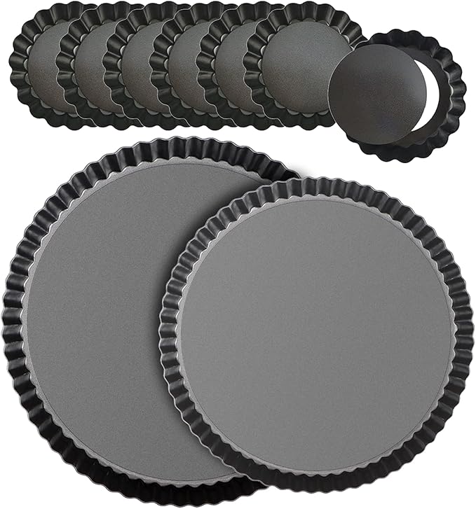 Tart Pan Set, 11 & 9 Inch Tart Pans with 6Pcs 4 Inch Mini Pans. Removable Bottom, Non-Stick Coating, For Tart Quiche Pie Making. Suitable for Family Festivals and Gatherings.(8 Pack)