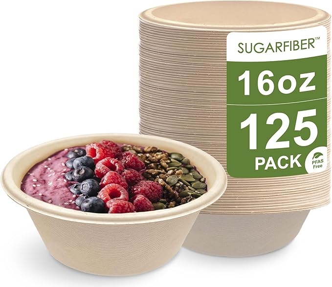 [125 Count]Harvest Pack 16oz Compostable Large Paper Bowls, PFAS FREE Round Biodegradable Heavy-Duty Eco-Friendly Disposable Soup Bowls, Sugarcane Bagasse Natural plant fibers, Alternative to Plastic