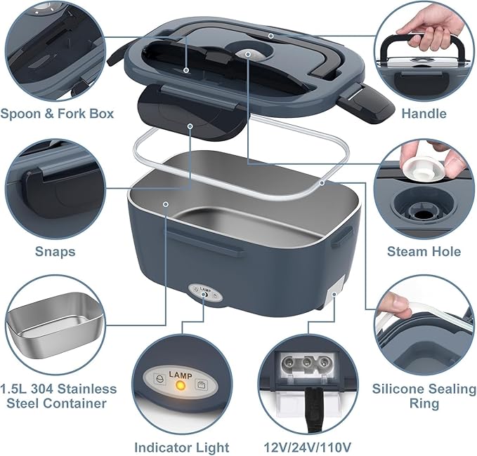 Electric Heated Lunch Box for Men/Women Home 80W Portable Food Warmer with 12V/24V/110V/220V Stainless Steel Leakproof Container for Work Travel Jobsite Camping Gift for Adults/Men/Woman