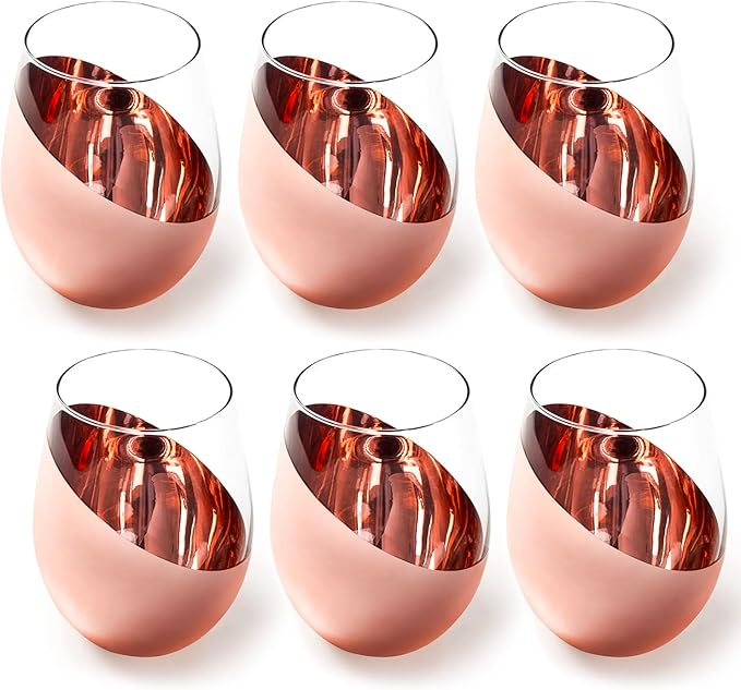 MyGift Stemless Wine Glasses Set of 6 - Copper Metallic Bottom Angled Design, Modern Barware for Red & White Wine, Dishwasher Safe Entertaining Glasses