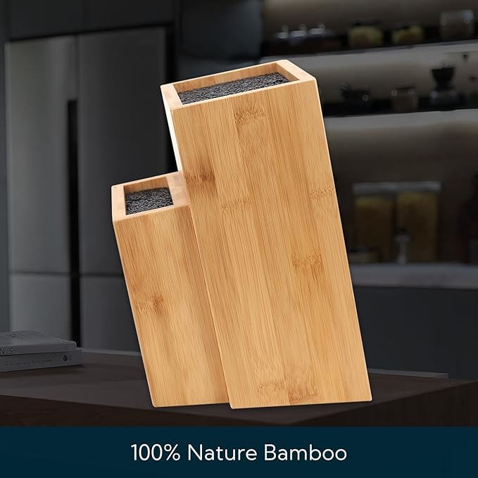 Bamboo Universal Knife Block, Extra Large Two-tiered Slotless Bamboo Knife Stand Organizer Holder, Convenient Safe Storage for Knives & Utensils, Detachable Bristles for Easy Cleaning -by KITCHENDAO