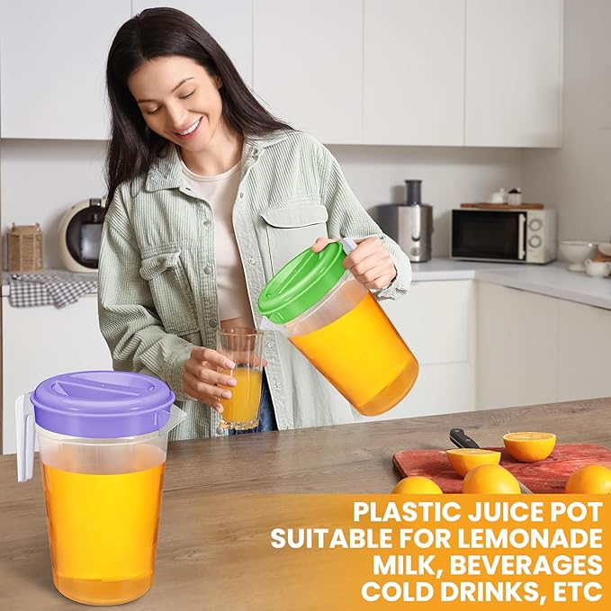 Honeydak 6 Pcs 70 Oz Round Clear Plastic Pitcher with Lid & Handle for Water Iced Tea Beverages (6 Packs Assorted Color) Jarras Para Aguas Frescas Plastic Pitcher for Easy Pouring