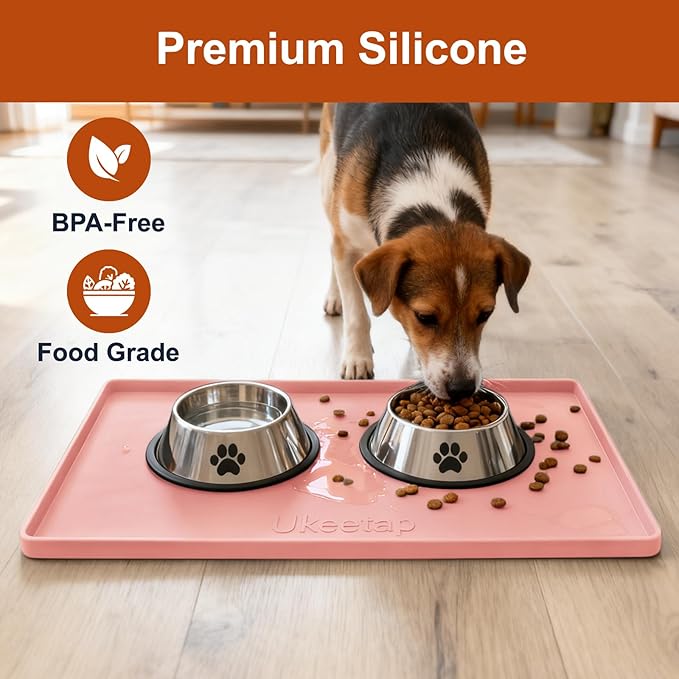 Extra Thick Silicone Mat Waterproof with Raised Edge 19” x 12”, BPA Free Non-Slip Dog & Cat Food Mat, Feeding Mat for Food and Water Bowls, Spill Proof Mat to Protect Floors, Pink