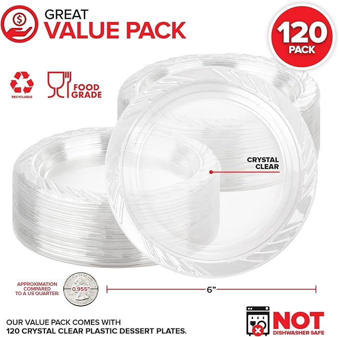 Stock Your Home 6-Inch Clear Plastic Dessert Plates (120 Pack) Flexible Disposable Clear Plates for Dessert & Appetizers, Crystal Clear Small Plates for Parties & Catering, Clear Plastic Party Plates