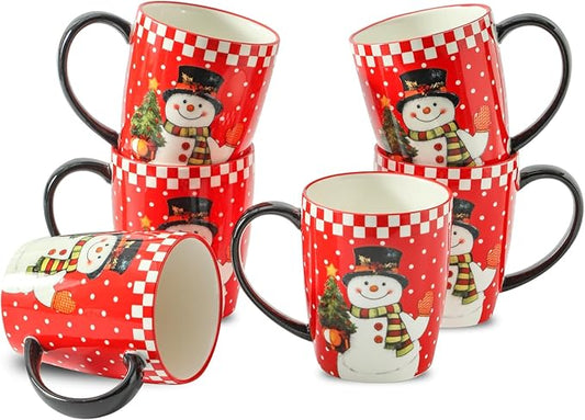 HASENSE Ceramic Coffee Mugs Set, 15oz Holiday Cups Set of 6, Holiday Cups with Handles for Hot Cocoa,Coffee,Idea Gifts for Women,Family,Friends, Red & Withe