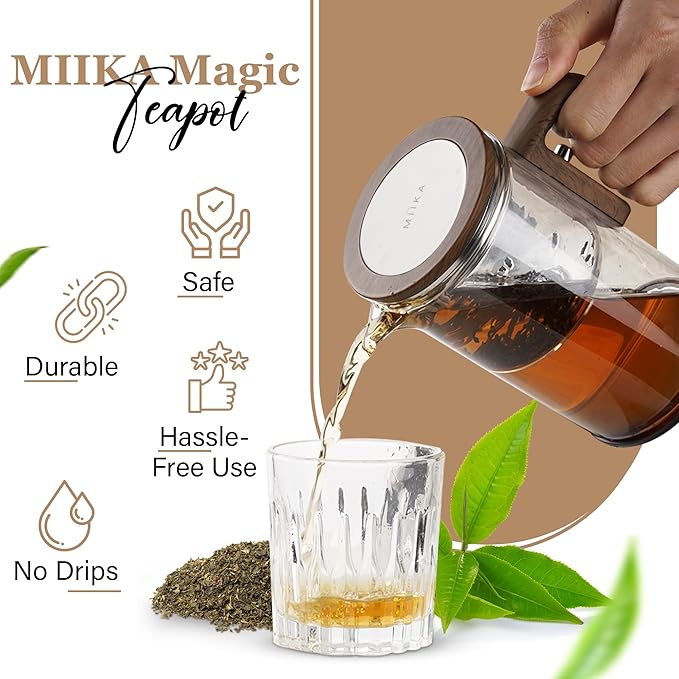 MIIKA Magic Glass Tea Pot with Infuser for Loose Tea – Bottom Dispense Stainless Steel Strainer, Borosilicate Glass, Elegant Tea Scoop, Protective Base and Drip-Free, Easy-to-Clean Design