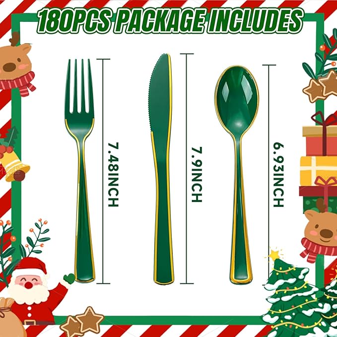 WDF 180PCS Green Plastic Silverware - Green Utensils 60 Forks, 60 Knives and 60 Spoons - Heavy Duty Silverware for Party Supplies/St. Patrick's Day