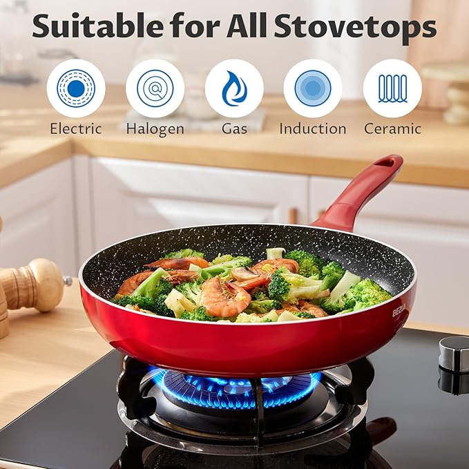 BEZIA Nonstick Frying Pans Set 3 Piece, Skillets and Frying Pans 9.5, 11, 10.2 Inch, Dishwasher Safe Kitchen Cooking Pan, Non Stick Pan for induction cooktop, Omelette Egg Pan with Stay Cool Handle