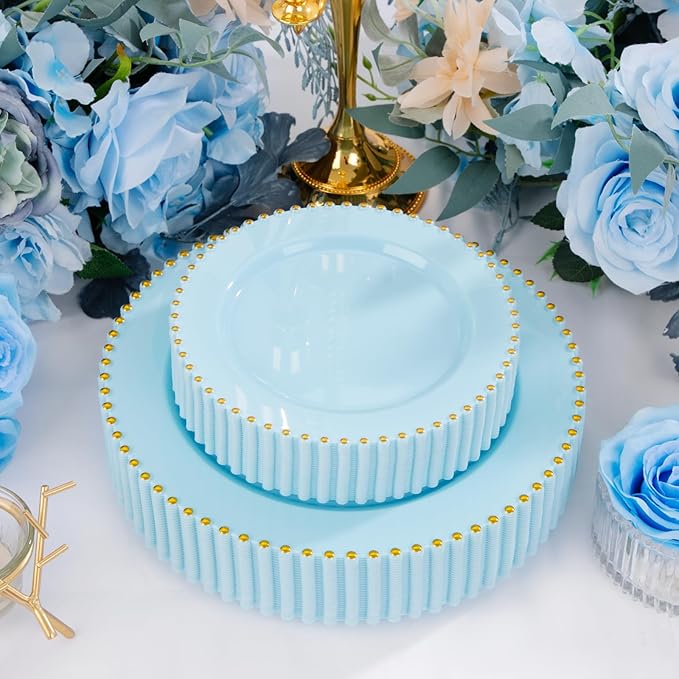 EI 60pcs Blue Plastic Plates,Dispoable Heavy Duty Plastic Plates with Gold Rim,Baby Blue 10" Dinner & 7" Dessert Plate,Fancy Elegant Plate for Party,Birthday,Afternoon Tea