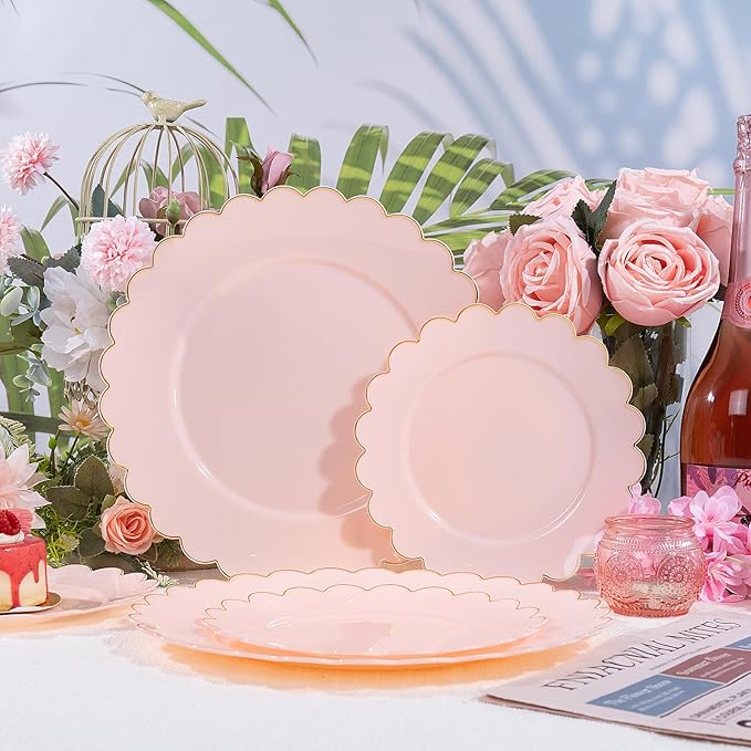 LIYH 120 Pcs Pink Plastic Plates Disposable Set Includes 60 Dinner Plate 10.25" & 60 Dessert Plate 7.5" with Elegant Gold Rim for Party Birthday Baby Shower Easter