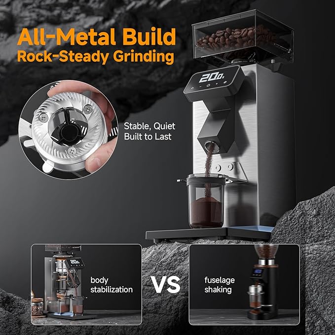 Commerical Flat Burr Coffee Bean Grinder, Electric Espresso Grinders for Home Use with All-Metal Chamber and 90 Presice Settings, Stainless Steel Housing, Anti-Static, LED Panel, Sliver