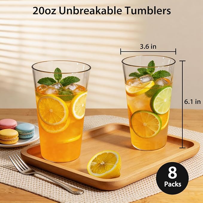 20oz Unbreakable Drinking Glasses (Set of 8), All-Clear Reusable Drinking Cups, BPA-Free, Shatter-Proof, Dishwasher & Microwave Safe, Stackable Plastic Tumblers for Home, Outdoor, Camping, Pool