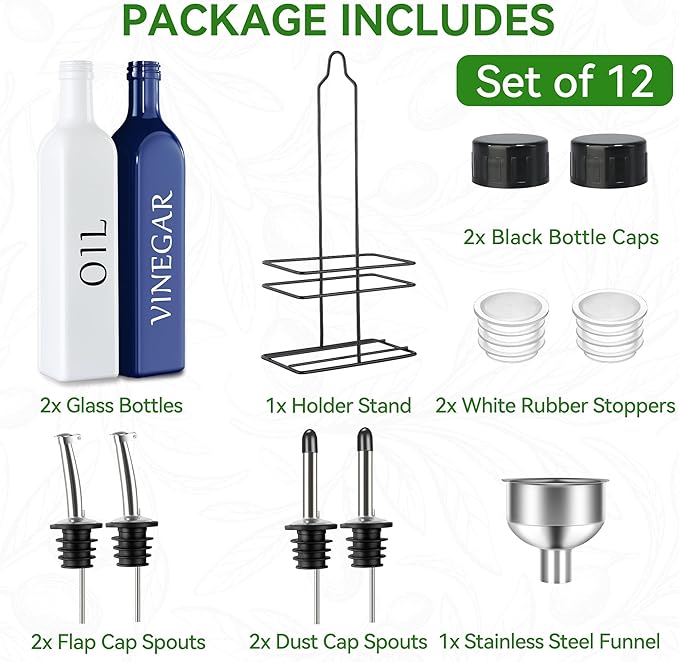 Vakoo Oil and Vinegar Dispenser Set - 17oz/500ml, Extra Thick Glass, Leak-Proof, Olive Oil Dispenser Bottle for Kitchen (White Blue)
