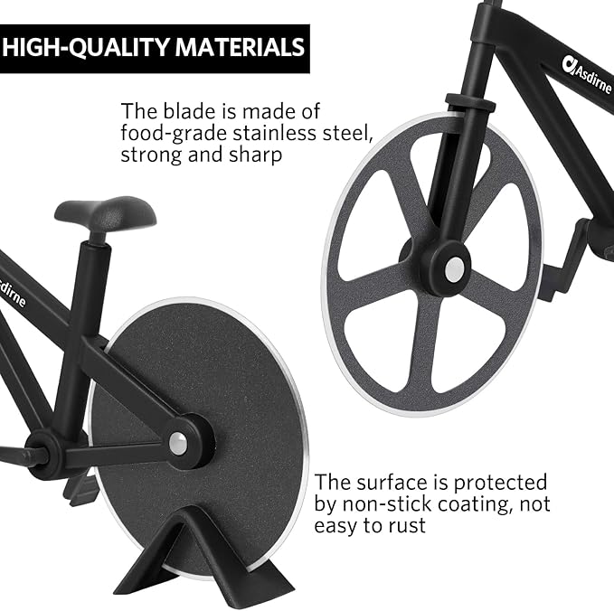 Pizza Cutter, Bicycle Pizza Cutter Wheel with Non-Stick Stainless Steel Super Sharp Blades, Novelty Gift, 7.5", Black