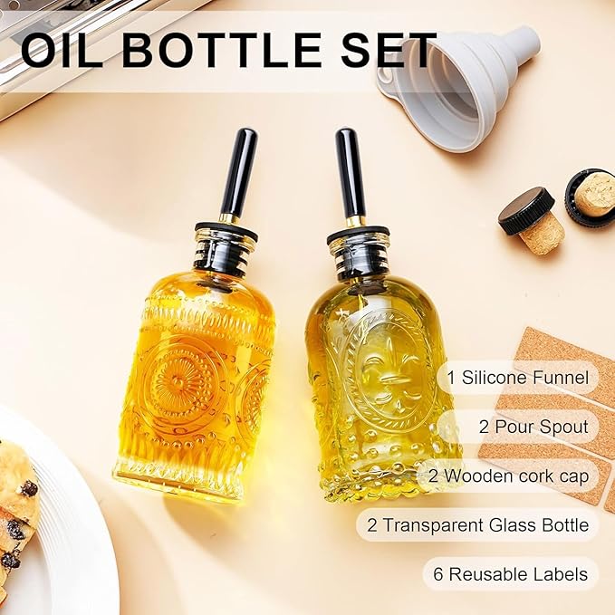 Olive Oil Dispenser Bottle for Kitchen with Metal Spout, Glass Oil Bottles 7OZ, Elegant Glass Cooking Oil Dispenser for Kitchen-2pcs