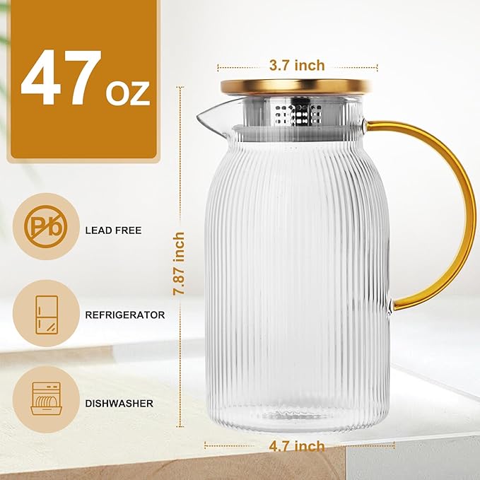 Ribbed Glass Pitcher With Lid and Spout, Glass Water Jugs With Handle, Water Carafe for Hot and Cold Beverage, Brew, Iced Tea, lemonade, Juice, Coffee, Milk, 1.4 Liter 47 Ounce, Borosilicate