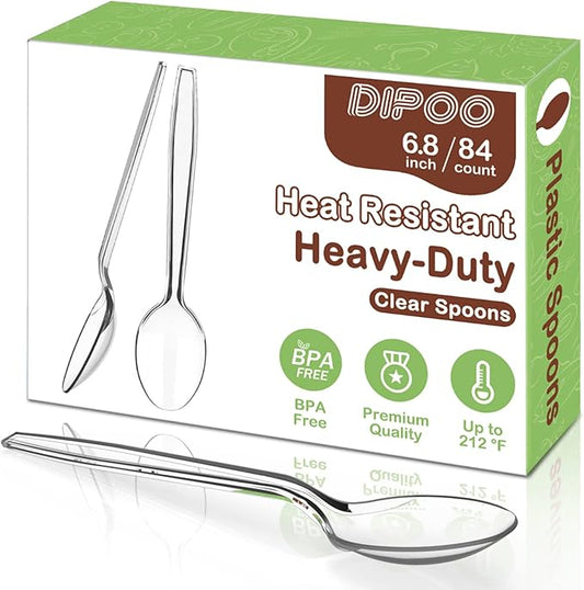 6.8" Clear Plastic Spoons Heavy Duty with Heat Resistant & BPA Free, Solid and Durable Plastic Cutlery, Premium Disposable Spoons for Party Supply(84 Count)