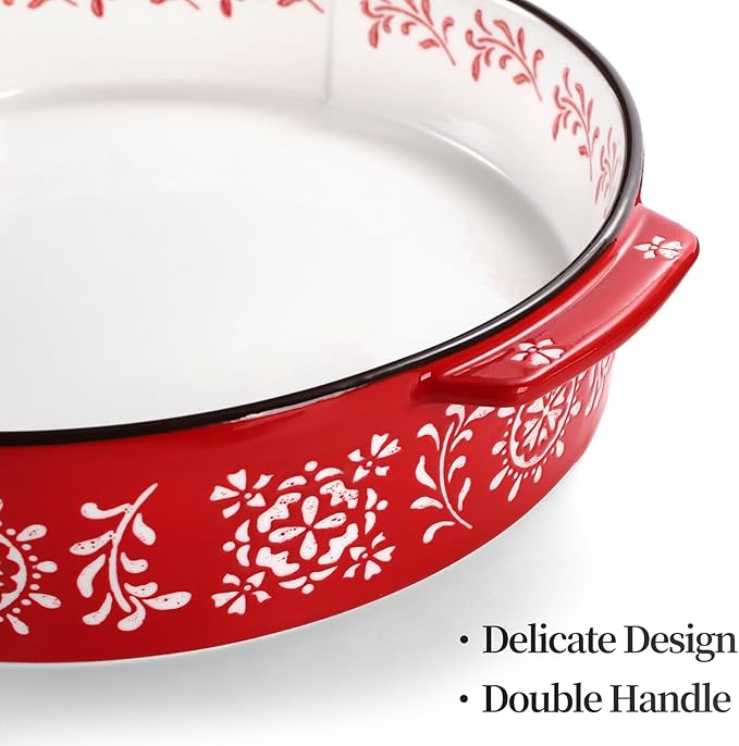 2 Pack Ceramic Baking Dish, 9 Inch Non-Stick Pie Pan with Double Handle, 44 Oz Deep and Fluted Pie Plate for Apple Pies, Quiche, Cake, Tart, Oven Microwave Dishwasher Safe, Red, Blue