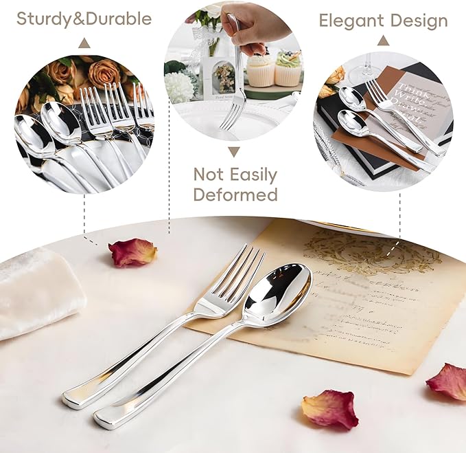 N9R 200PCS Silver Plastic Silverware, Heavy Duty Disposable Cutlery Set for Parties, Disposable Plastic Spoons and Forks Includes 100 Silver Spoons and 100 Forks for Weddings, Birthday, Dinner