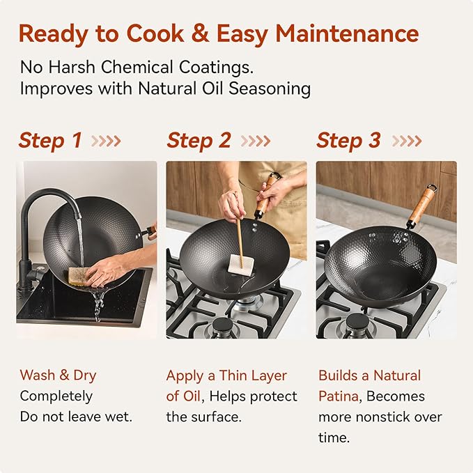 WANGYUANJI 12.6-Inch Carbon Steel Wok with Lid, Flat Bottom Nonstick Chinese Wok Pan with Detachable Wooden Handle for Induction, Gas & Electric, 5 QT Stir Fry Pan